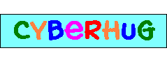 a gif with rainbow letters on a cyan background that reads: cyberhug. the gif is being squashed and stretched in a repetitive motion.